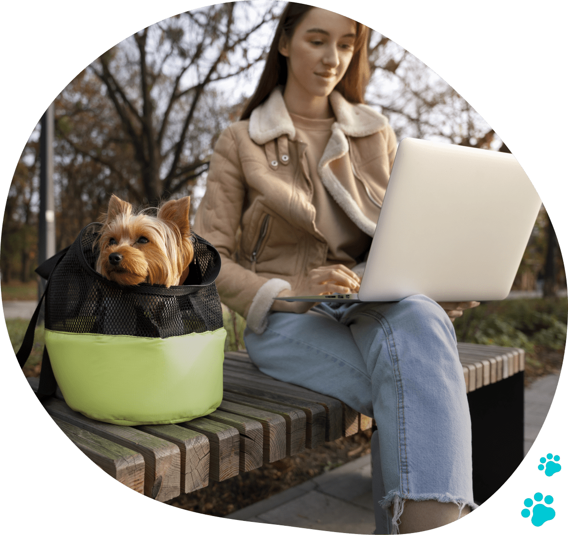 A woman sitting on top of a bench with her dog.