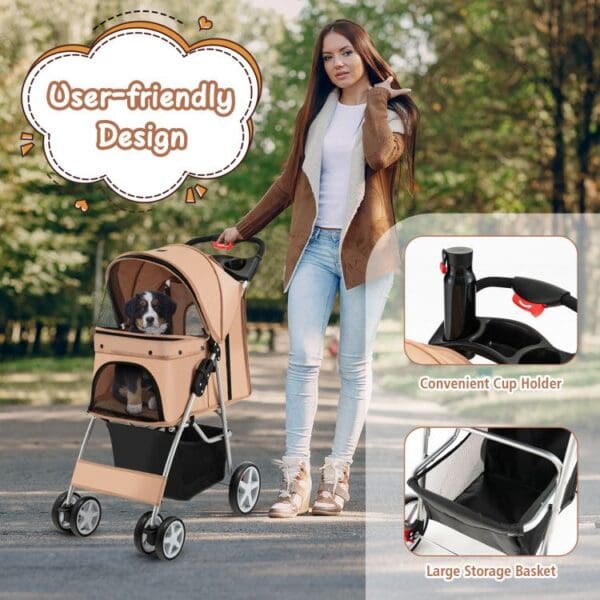 Folding Pet Stroller with Storage Basket and Adjustable Canopy - Image 4