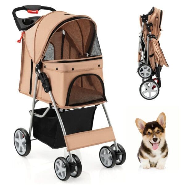 Folding Pet Stroller with Storage Basket and Adjustable Canopy - Image 2